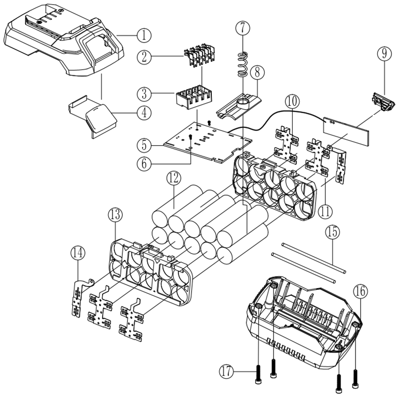 ЗУБР С1-18, 18 В, 3.0 А·ч, аккумуляторная батарея (АКБ-18-3 С1) - разборная схема